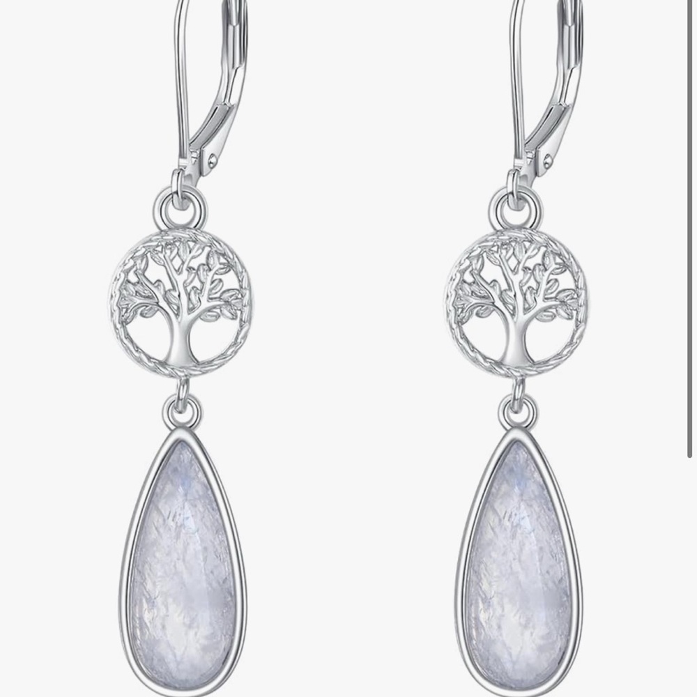 Genuine Moonstone Tree of Life Dangle Earrings 925 Sterling Silver